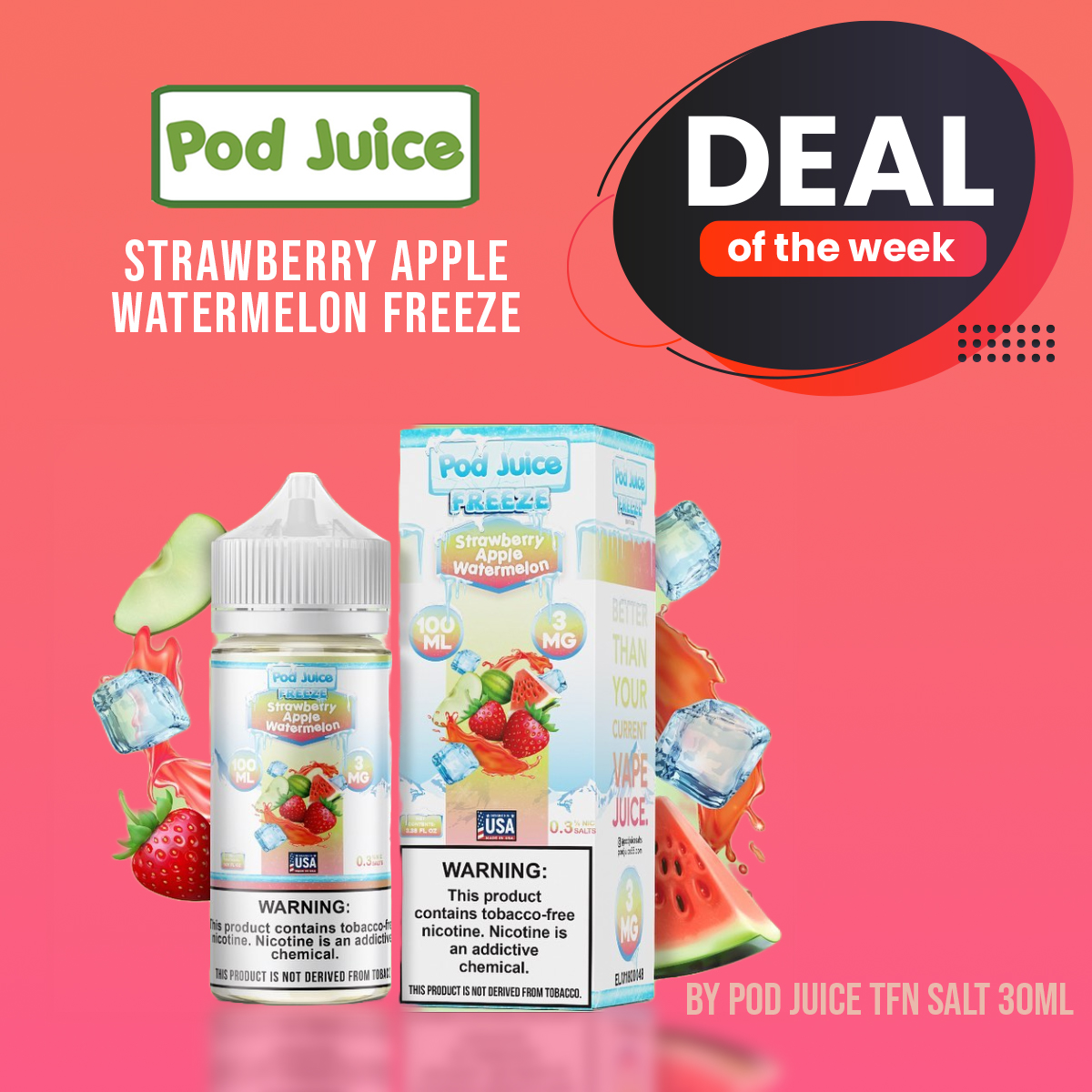 Strawberry Apple Watermelon Freeze by Pod Juice TFN Salt 30mL